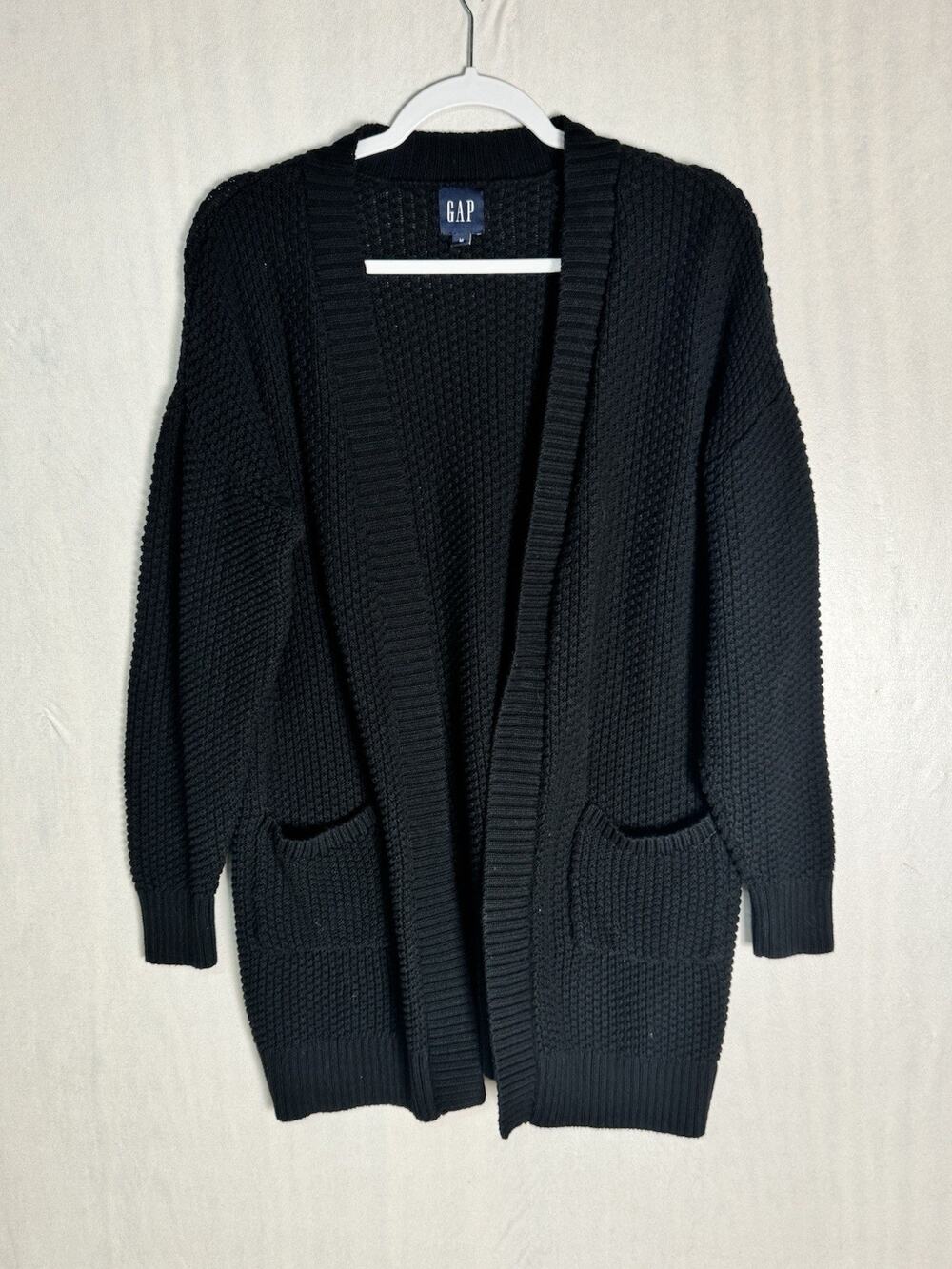 Gap Womens Black Waffle Knit Open Front Cardigan Sweater Cotton Chunky Cozy Sz M